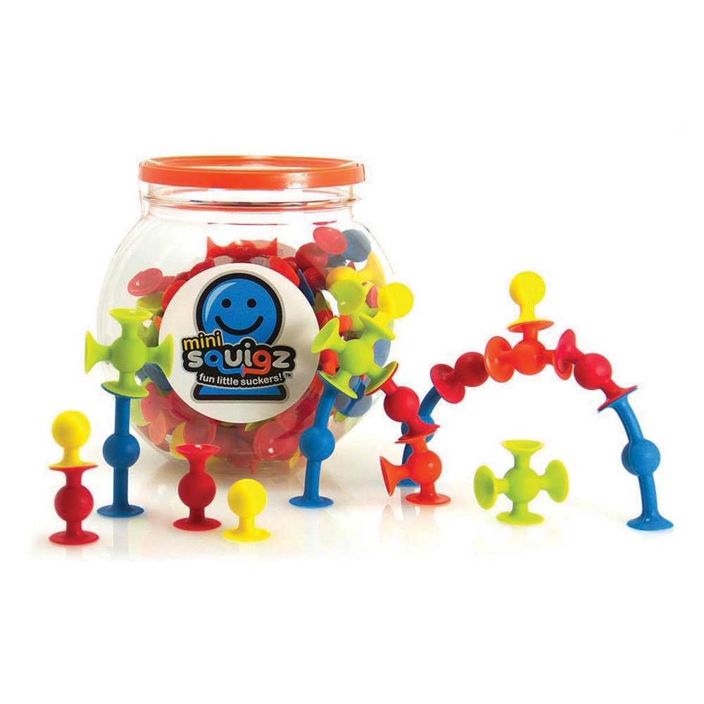 Colorful mini squigz toy set with a clear jar on a white background