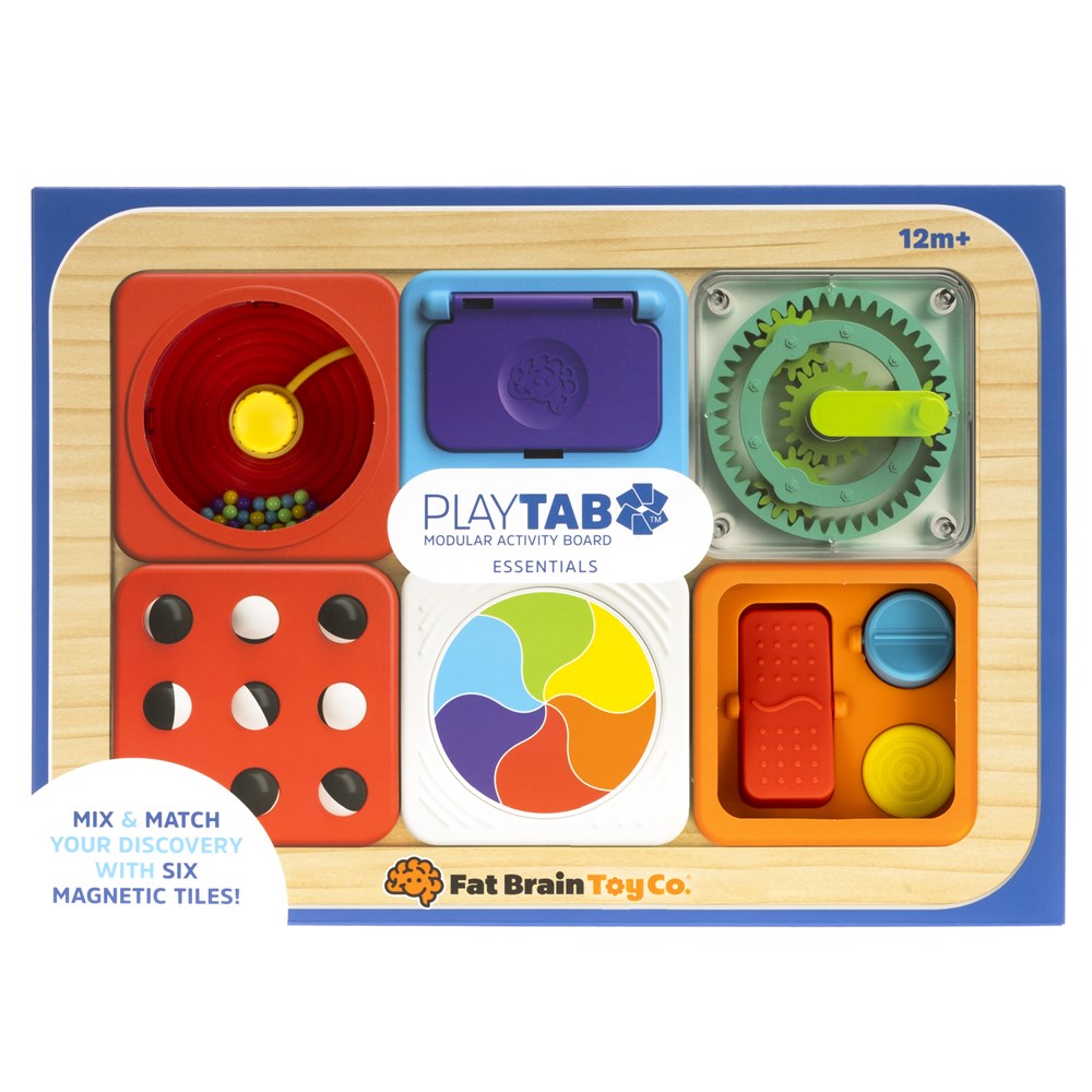 A modular sensory toy set called PlayTab - Essentials Set, featuring six colorful tiles with various activities such as gears, a trackball, and color wheel, designed for children 12 months and older.