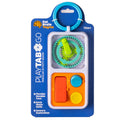 A travel-friendly PlayTab Go activity board with a clip ring, featuring a green gear tile, blue circular tile, and orange rectangular tile in a flexible blue case designed for sensory play and fine motor skills.