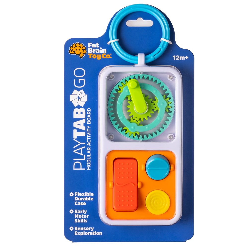 A travel-friendly PlayTab Go activity board with a clip ring, featuring a green gear tile, blue circular tile, and orange rectangular tile in a flexible blue case designed for sensory play and fine motor skills.