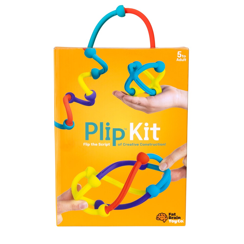 Packaging for the Plip Kit construction set, showing the product name and a hand building with colorful silicone arches, sticks, and Xs.