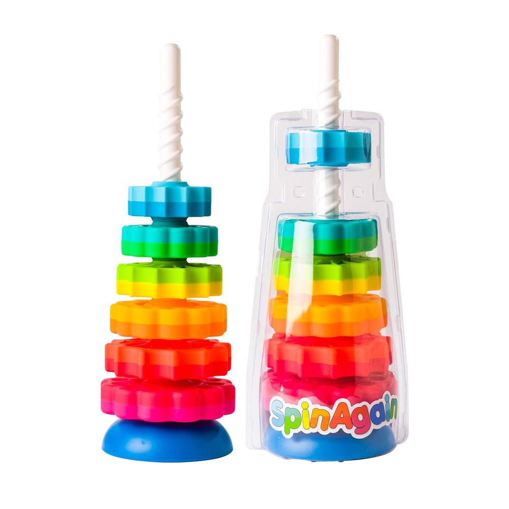 A stacking toy consisting of colorful discs in various shapes, including star-like and round, threaded onto a corkscrew pole, with a reversible base.