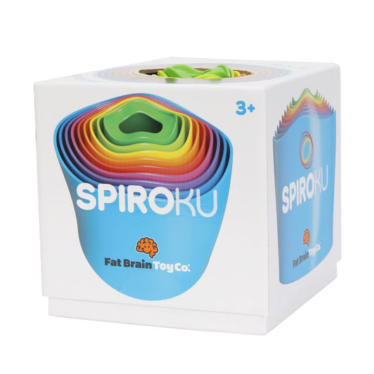 A box of SpiroKu toy with colorful, interlocking rings in various sizes displayed on the front, indicating it's a product by Fat Brain Toy Co. Suitable for ages 3 and up.
