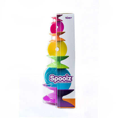 A set of colorful stacking spools in various sizes, packaged in a box with the brand name Spoolz visible.