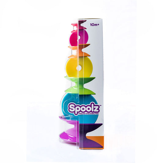 A set of colorful stacking spools in various sizes, packaged in a box with the brand name Spoolz visible.