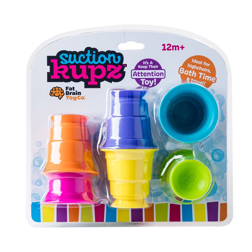 A set of six colorful silicone suction cups packaged in a clear plastic container with a 'Suction Kupz' branding header. The cups are designed with suction cups on the bottom and appear suitable for children's play and drink use.