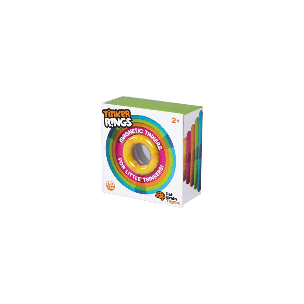 A box of TinkerRings toy building rings with a green, yellow, and purple color scheme displayed on the packaging.