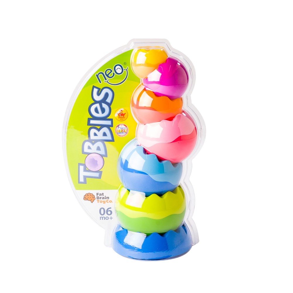 Colorful stackable toy with Tobbles branding on a white background