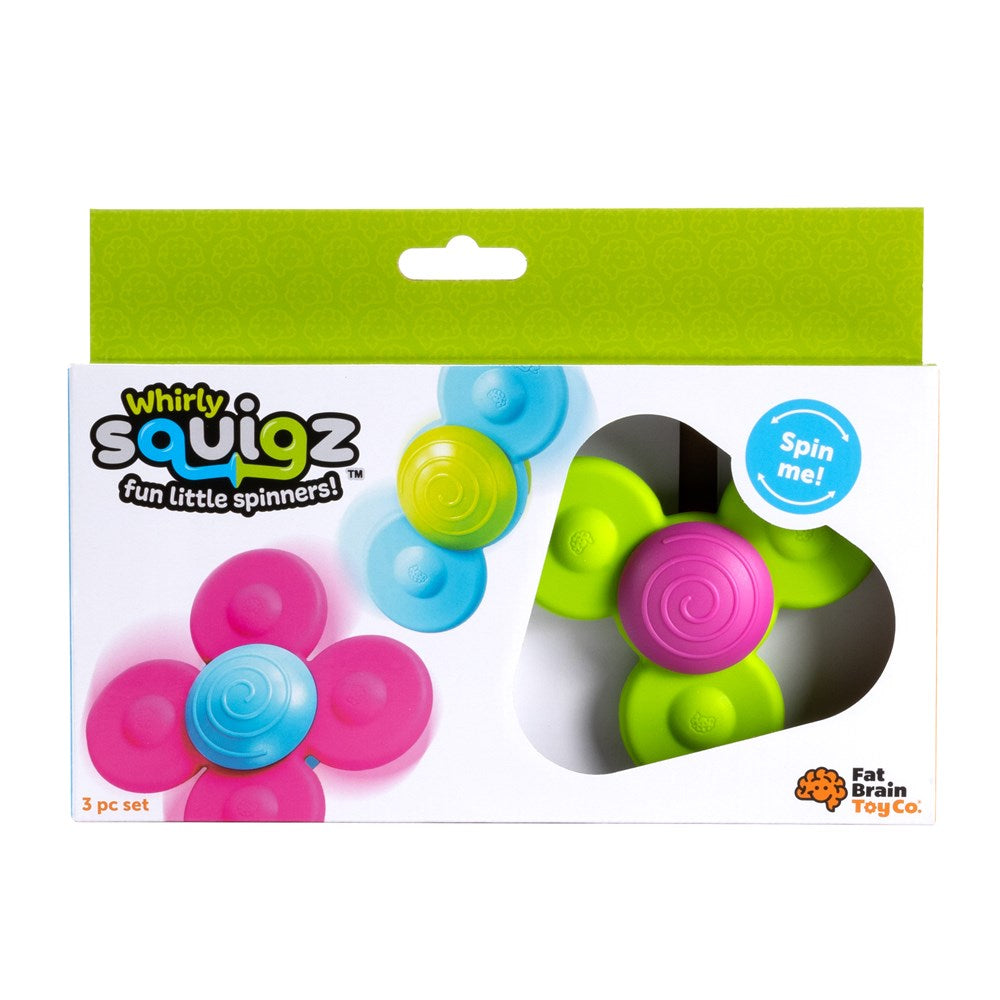 A package containing three colorful silicone spinners, with one depicted in pink with two petals, another in blue with three petals, and a green one with a swirl-textured dome.