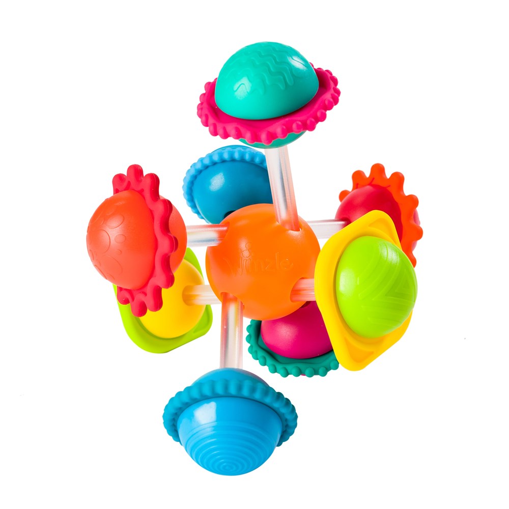 A colorful baby toy consisting of a central ball with four bars, each end featuring a textured, spinning silicone ring.