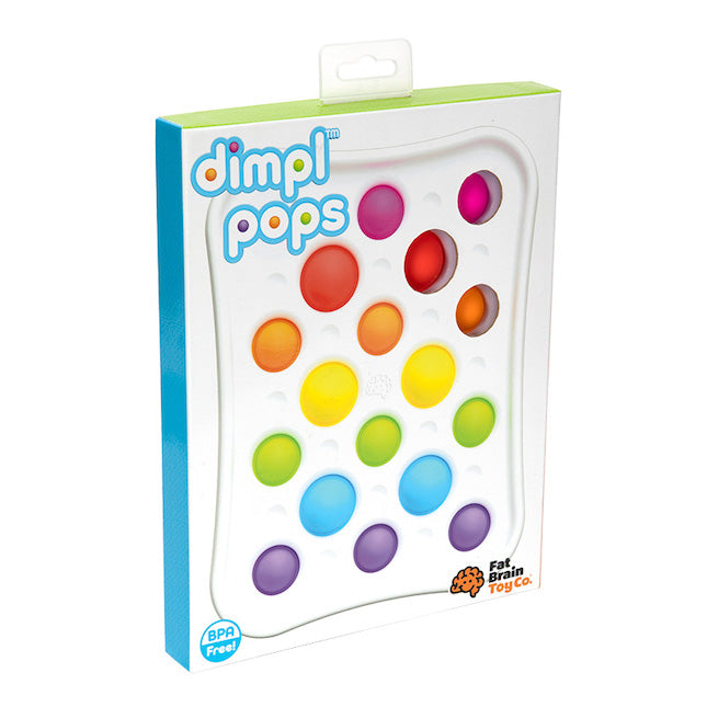 Packaging of dimpl pops with colorful dots and Fat Brain Toy Co branding.