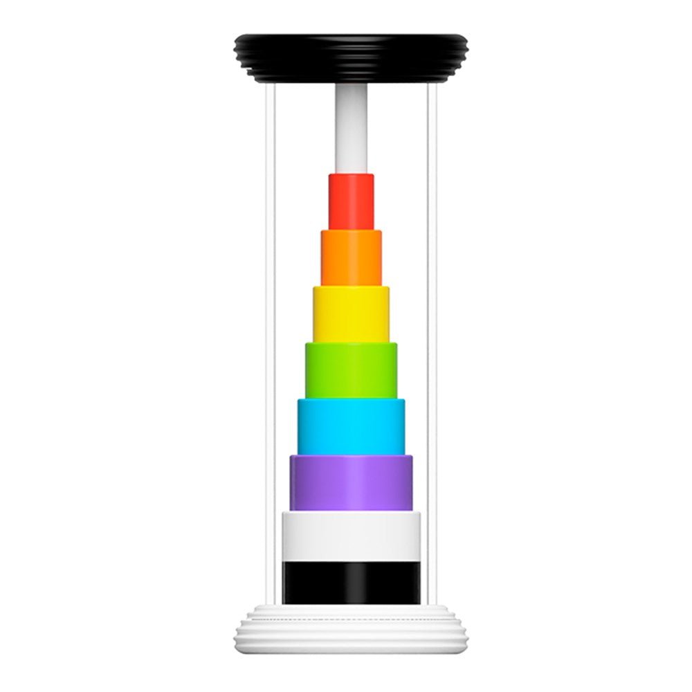 Colorful tower of stacked rings with a black top and bottom on a white background