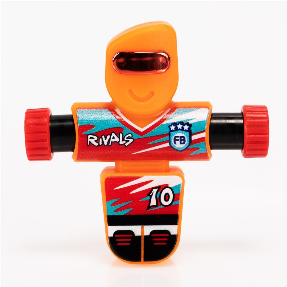 Toy figure with orange helmet and colorful body on a white background