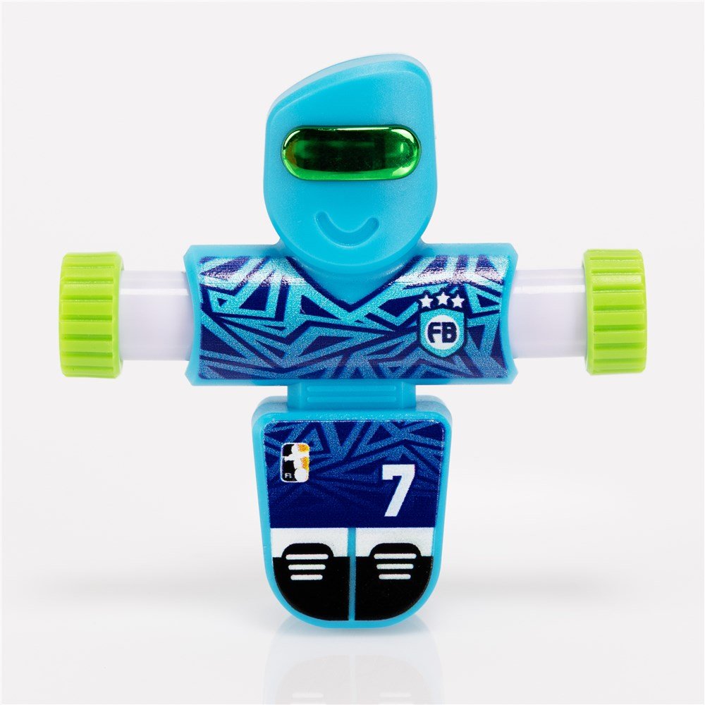 Toy figure with blue and green design on a white background
