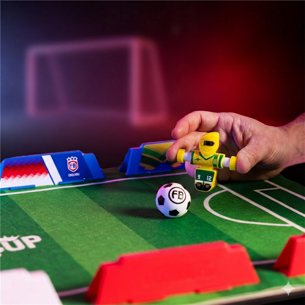 Toy soccer player kicking a ball on a miniature soccer field with a blurred goal in the background.