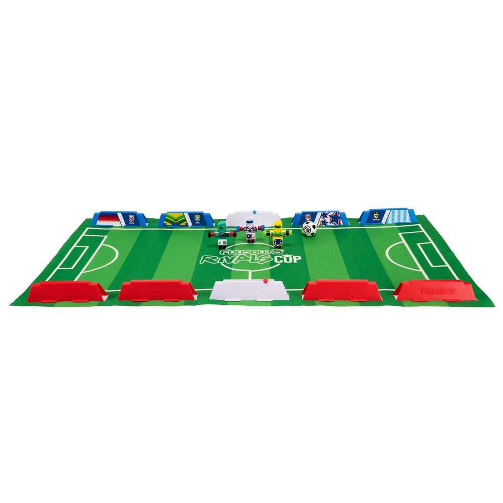 Toy soccer field with goalposts and player figures on a white background
