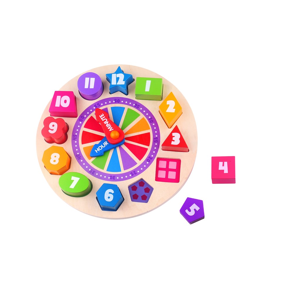 Colorful wooden toy clock with shape sorting blocks on a white background