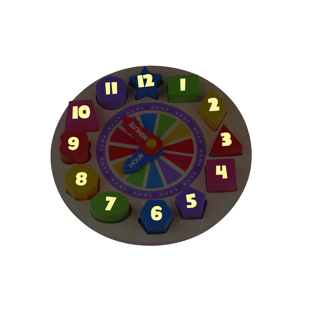 A colorful children's shape-and-number clock activity board with numbered pieces arranged around a central spinner wheel on a plain white background.