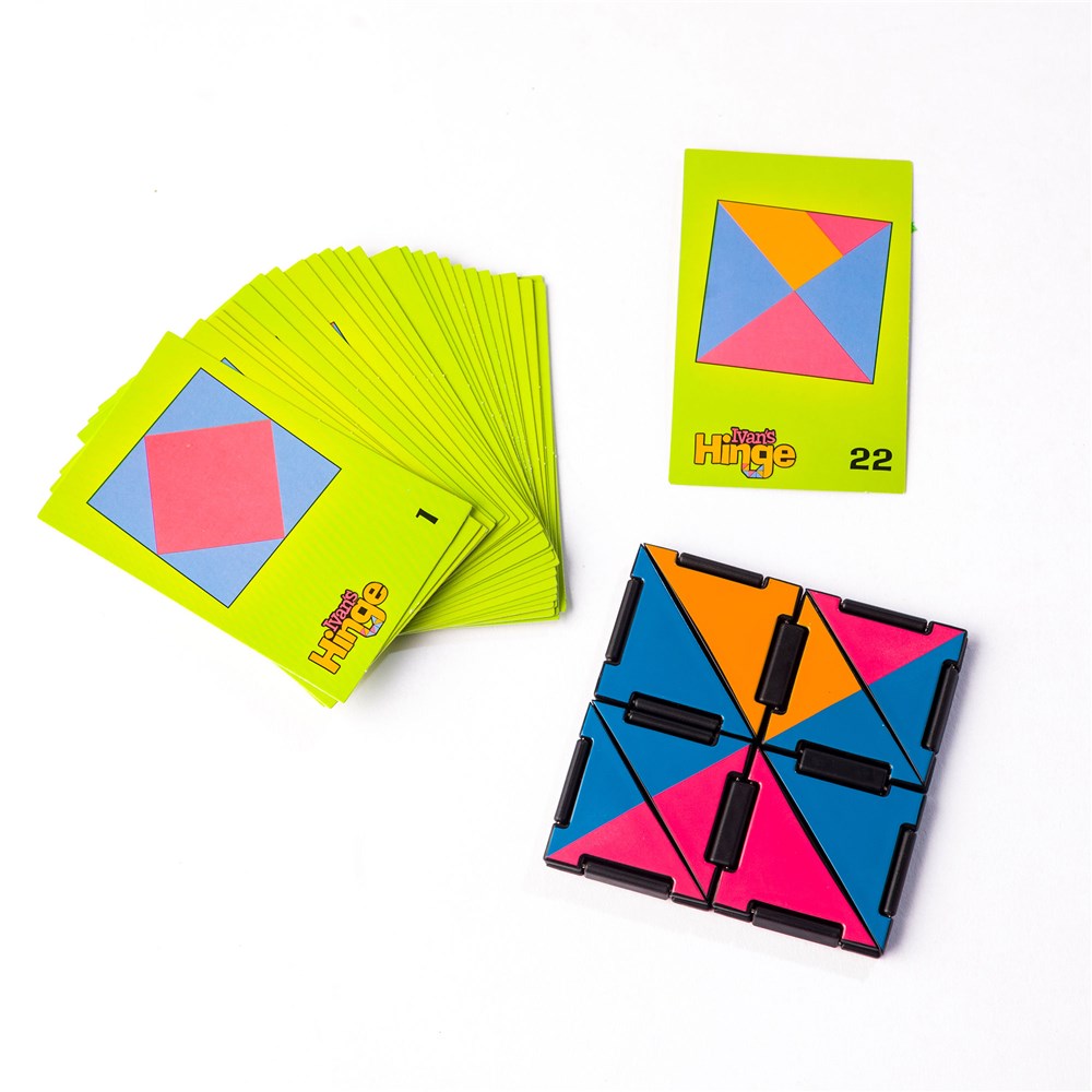 Colorful geometric puzzle and cards on a white background