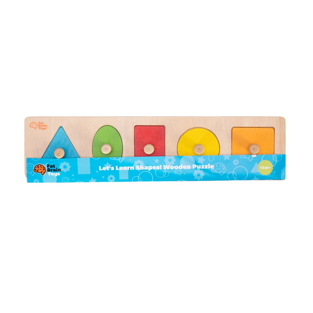 Wooden shape puzzle with colorful shapes on a white background