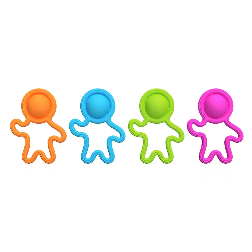Four colorful baby toy figures in orange, blue, green, and pink on a white background