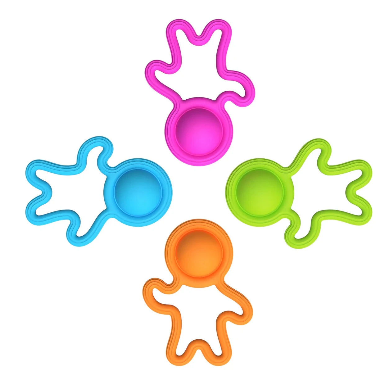 Four colorful silicone toys on a white background
