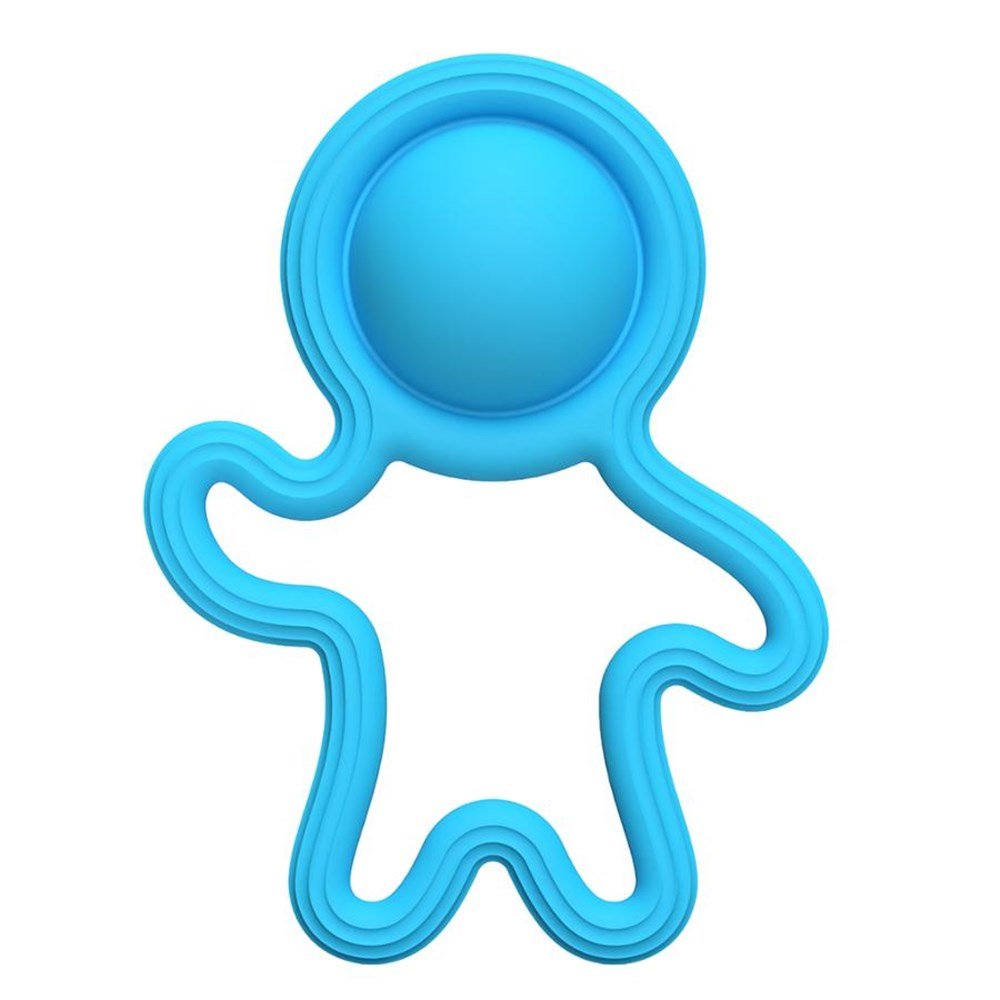 Blue silicone baby teether on a white background