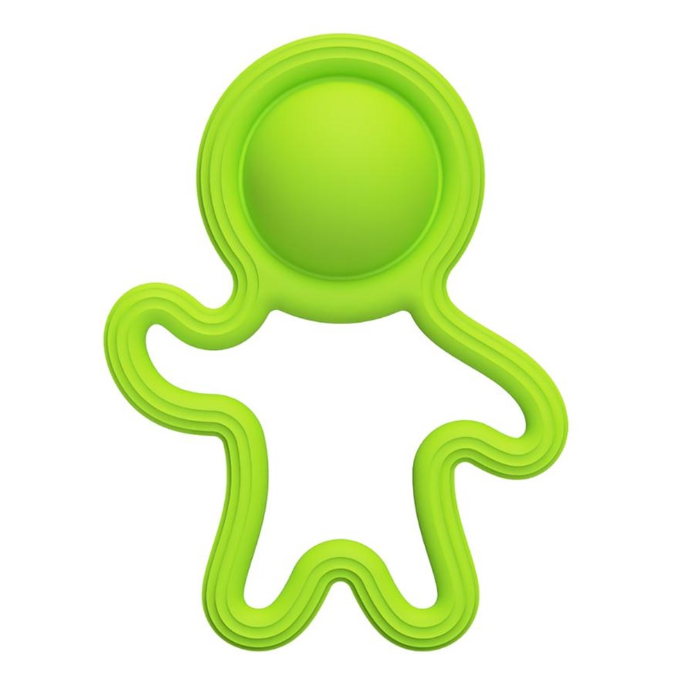 Green silicone teether on a white background