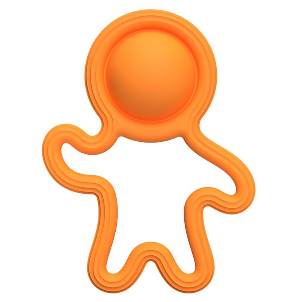 Orange silicone baby teether on a white background