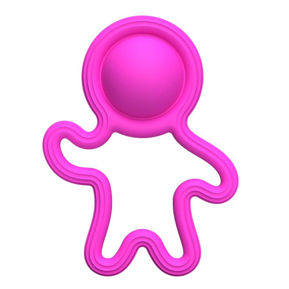 Pink silicone baby teether on a white background