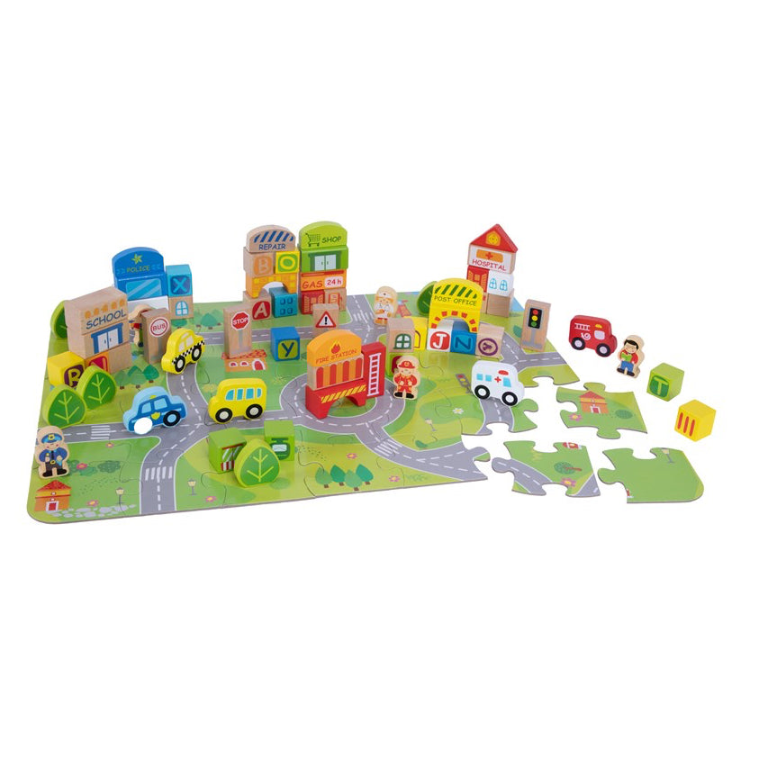 Children's puzzle with toy cars and buildings on a white background