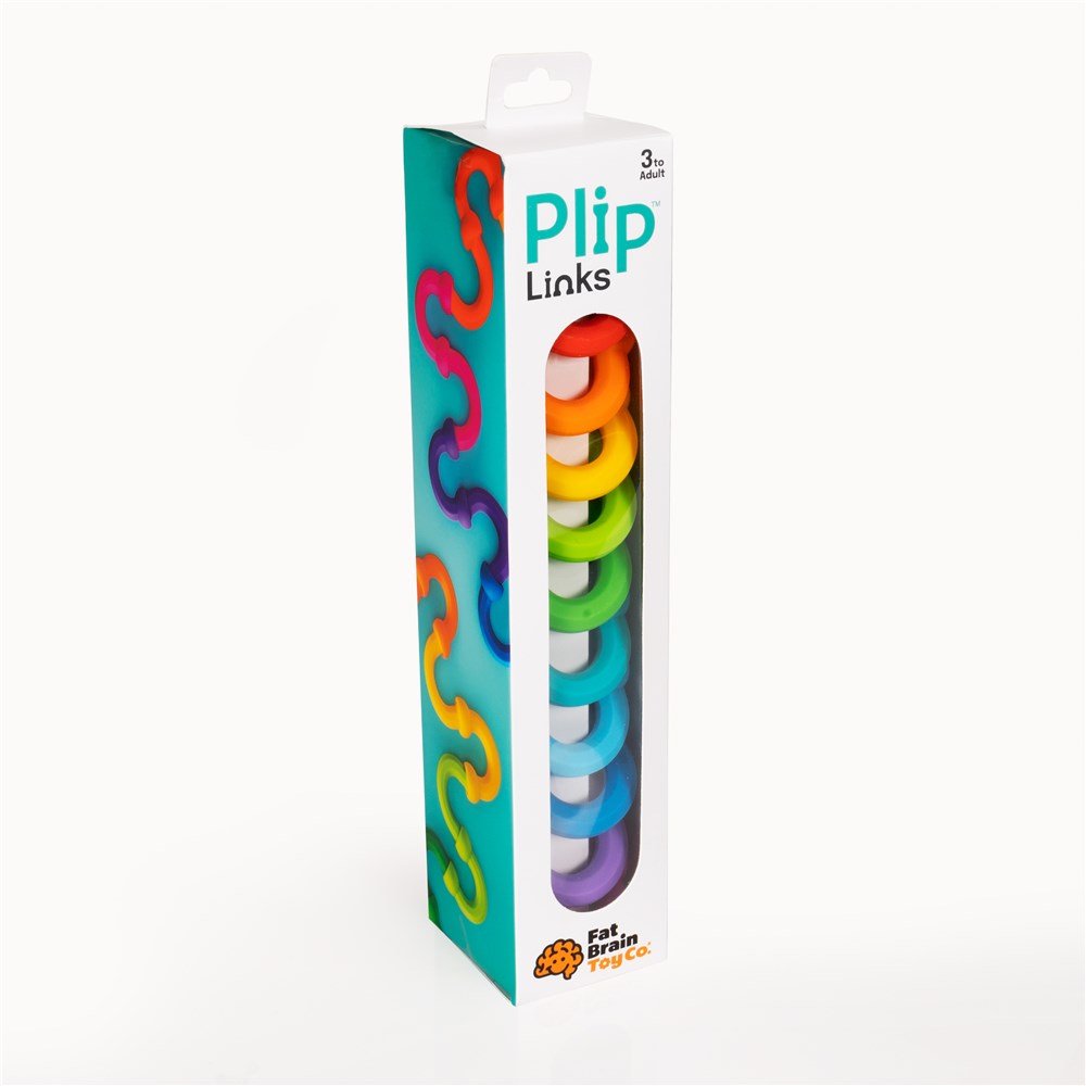 Packaging of Plip Links toy with colorful links inside on a white background