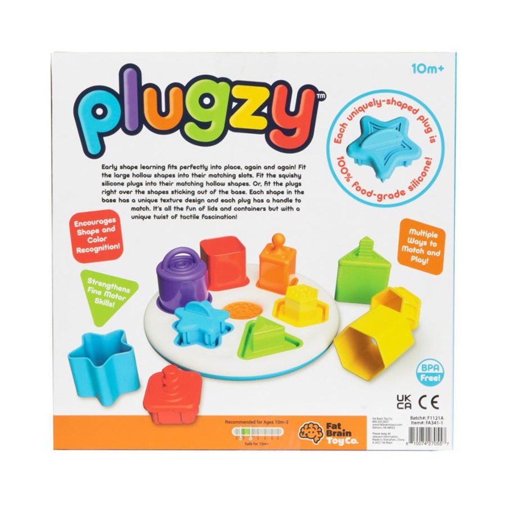 Box of Plugzy educational toy with colorful shapes and branding details.