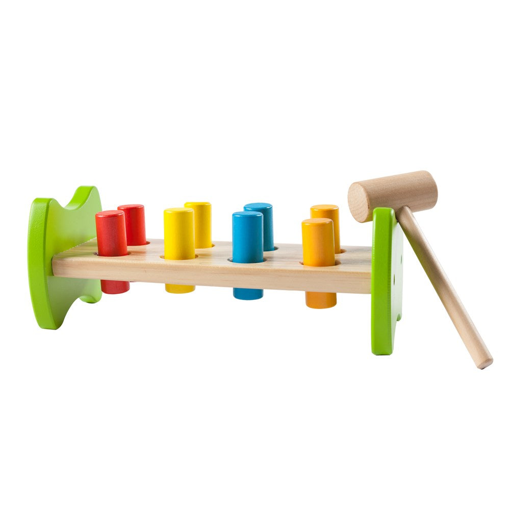 Colorful wooden hammering toy with colorful cylindrical blocks and a wooden hammer on a white background