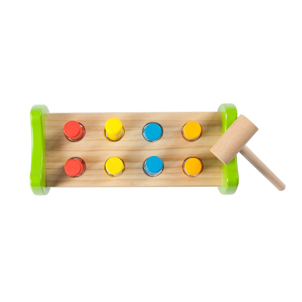 Colorful wooden toy with colorful pegs and a wooden hammer on a white background