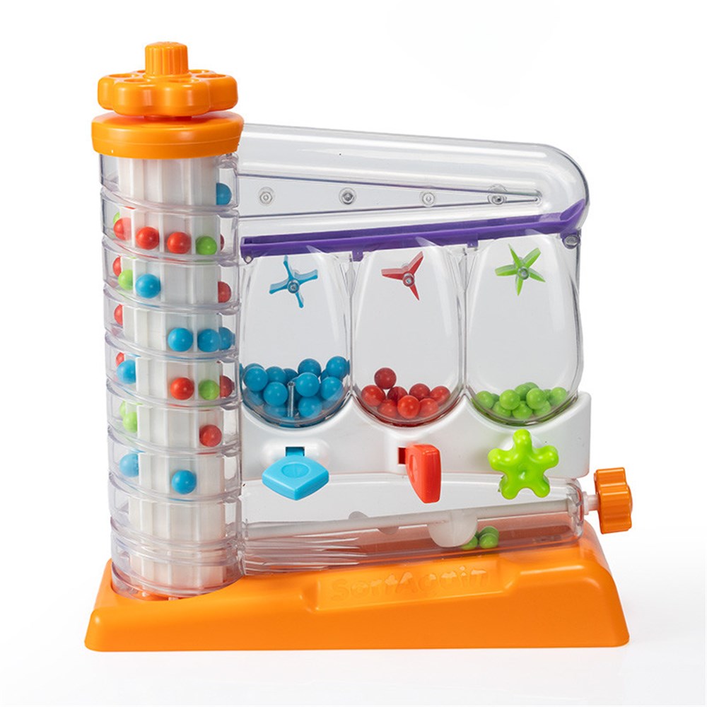 Colorful toy with a transparent tube and colorful beads on an orange base