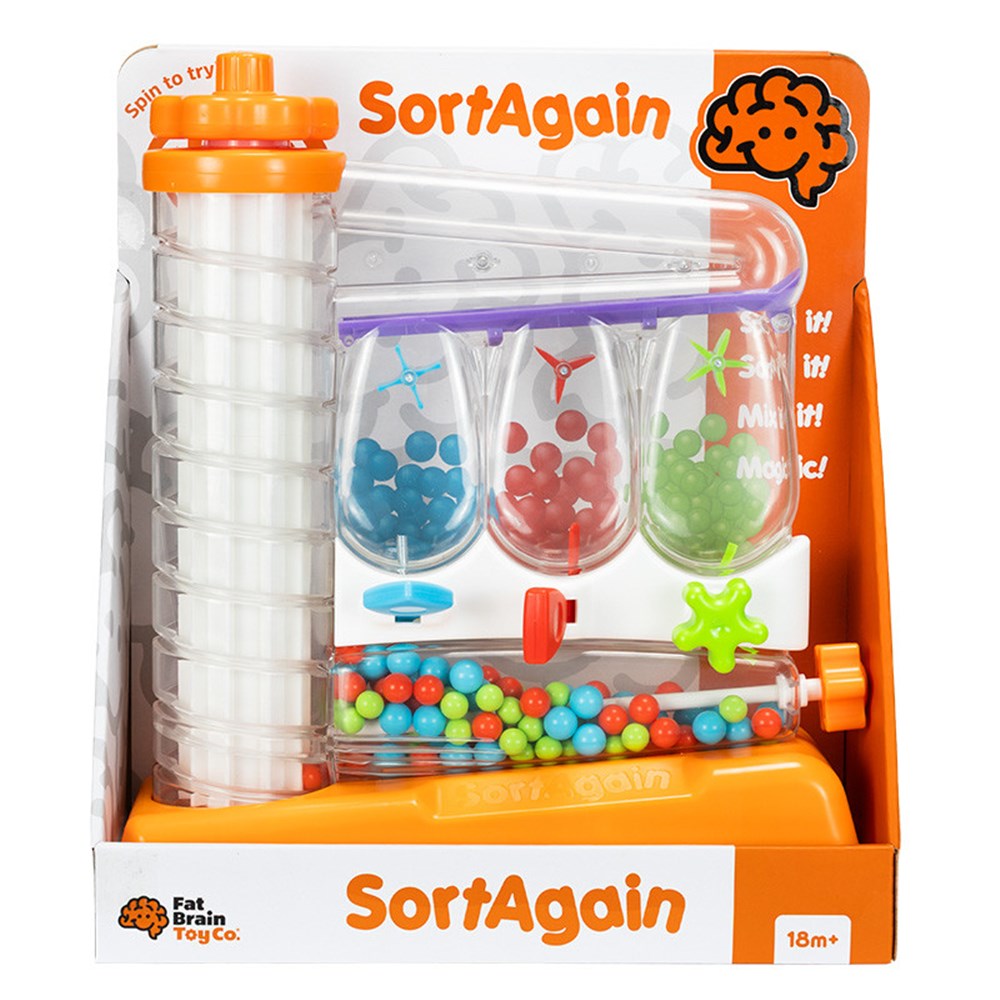 SortAgain educational toy packaging with colorful beads and sorting mechanism.