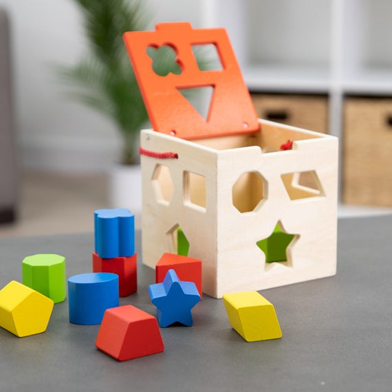 Wooden shape sorting toy with colorful blocks on a table