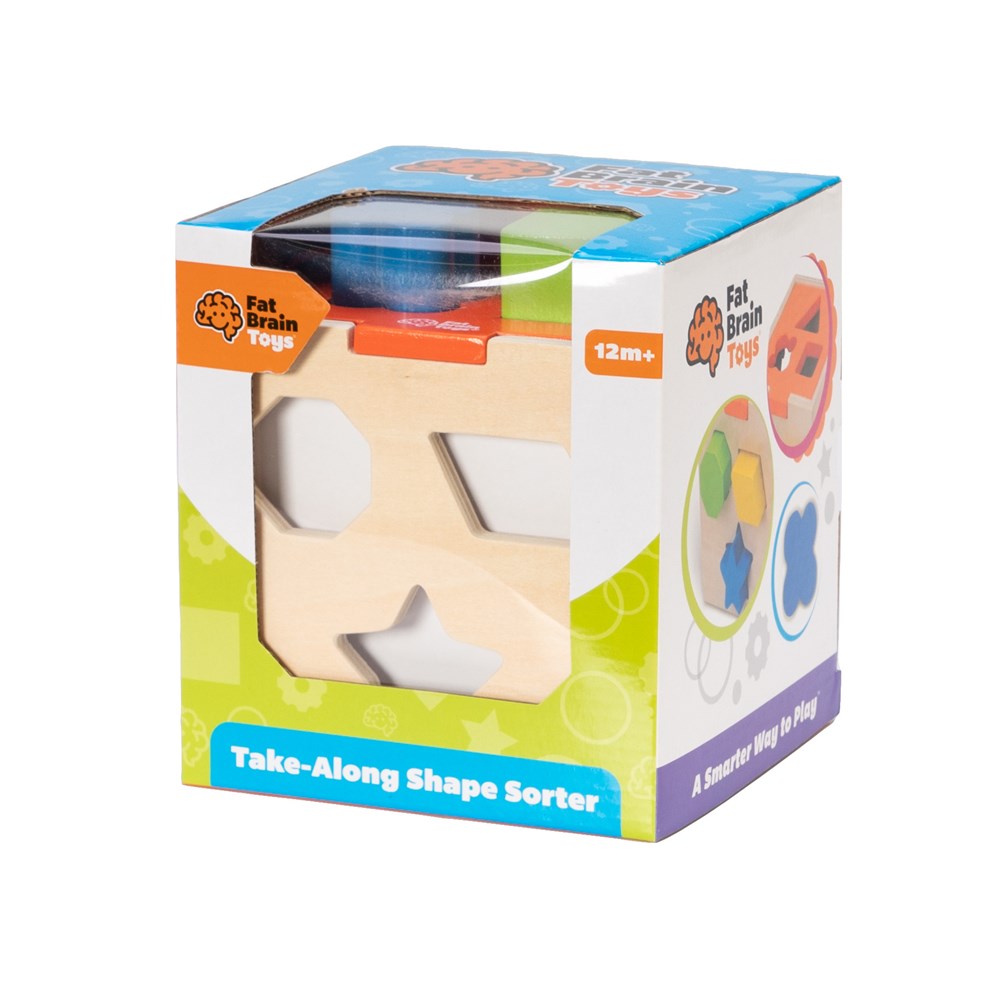 Box of a take-along shape sorter toy by Fat Brain Toys on a white background