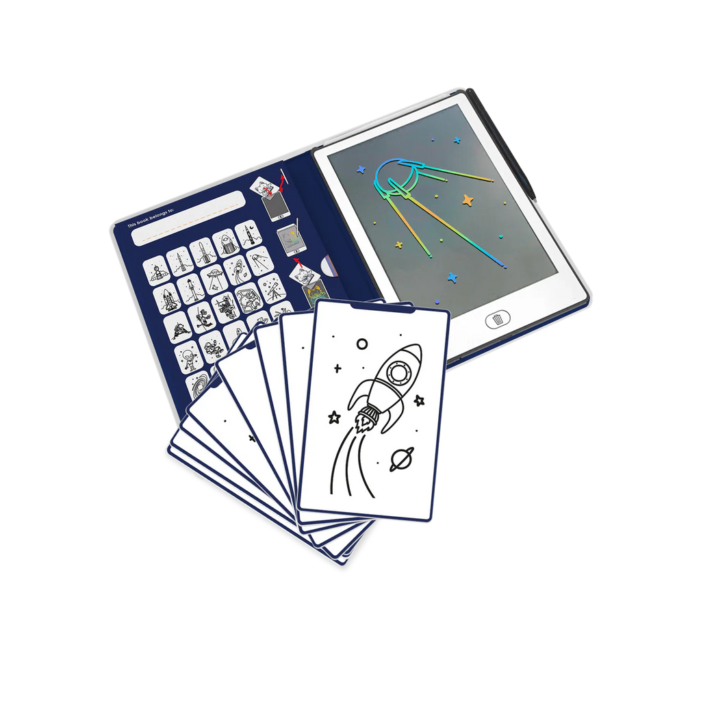 Coloring book with a rocket design, digital tablet, and coloring sheets on a white background