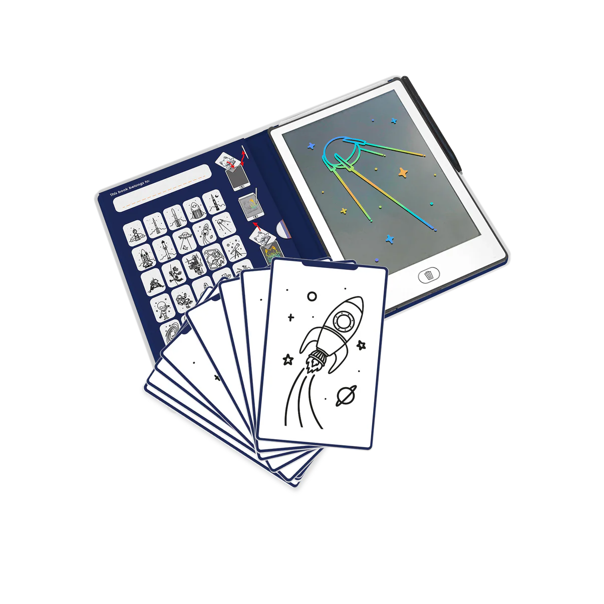 Coloring book with a rocket design, digital tablet, and coloring sheets on a white background