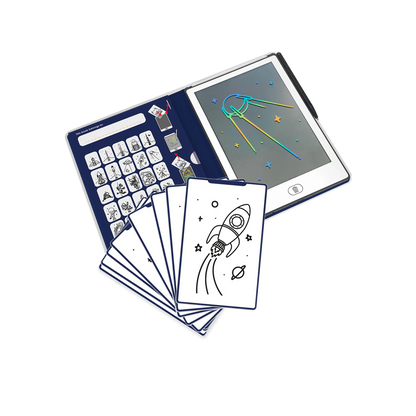 Coloring book with a rocket design, digital tablet, and coloring sheets on a white background