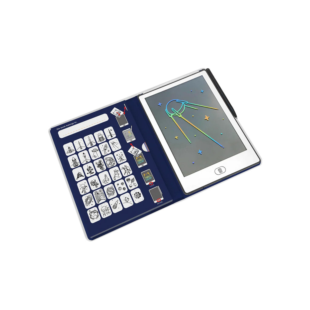 Educational toy with digital screen and physical tiles on a white background