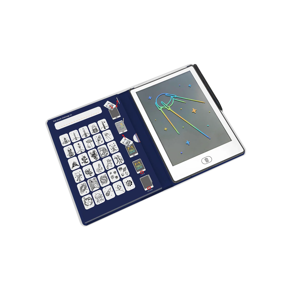 Educational toy with digital screen and physical tiles on a white background