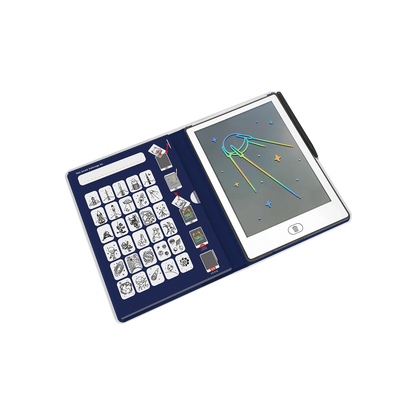 Educational toy with digital screen and physical tiles on a white background