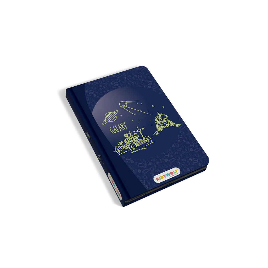 Navy blue notebook with space-themed illustrations and 'KOKIBU' branding on a white background