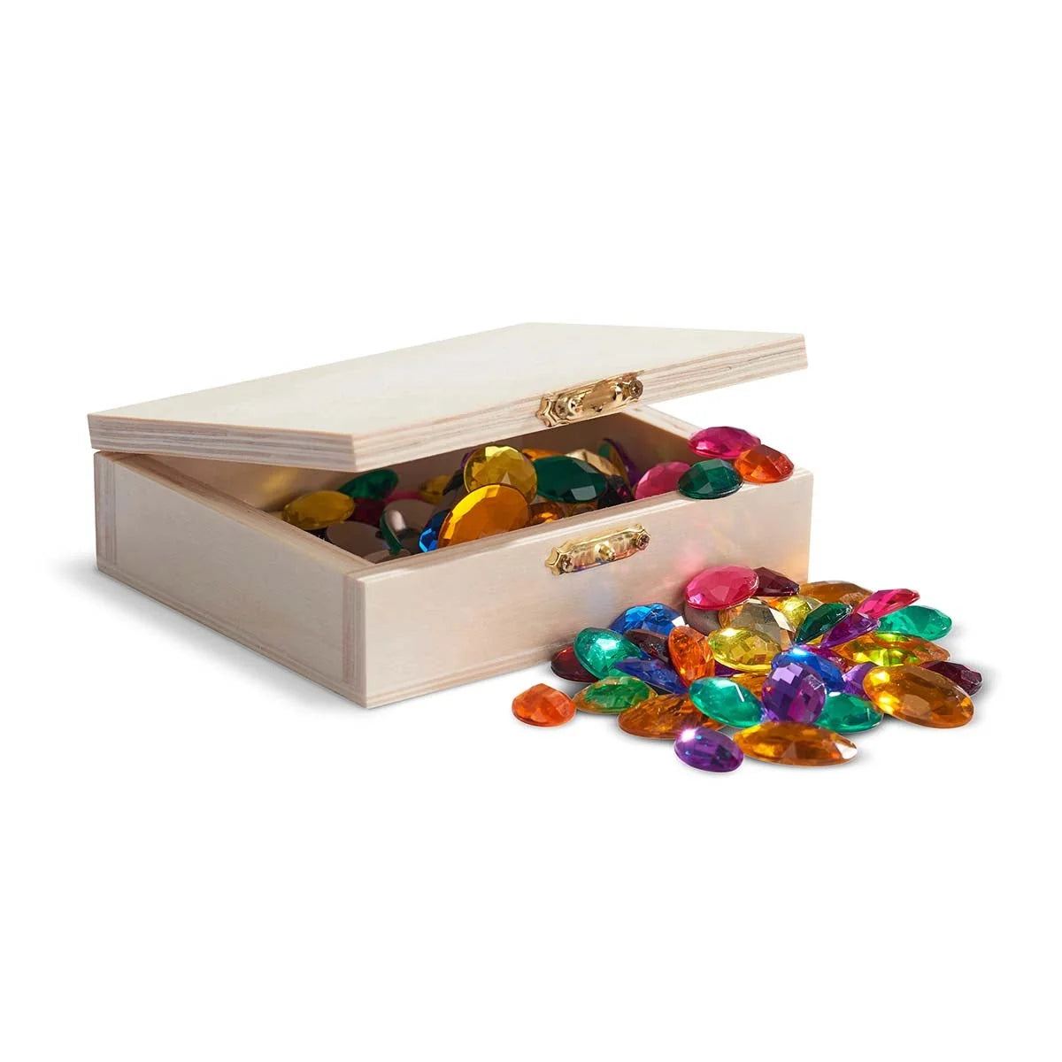 Wooden box with colorful gemstones spilling out on a white background