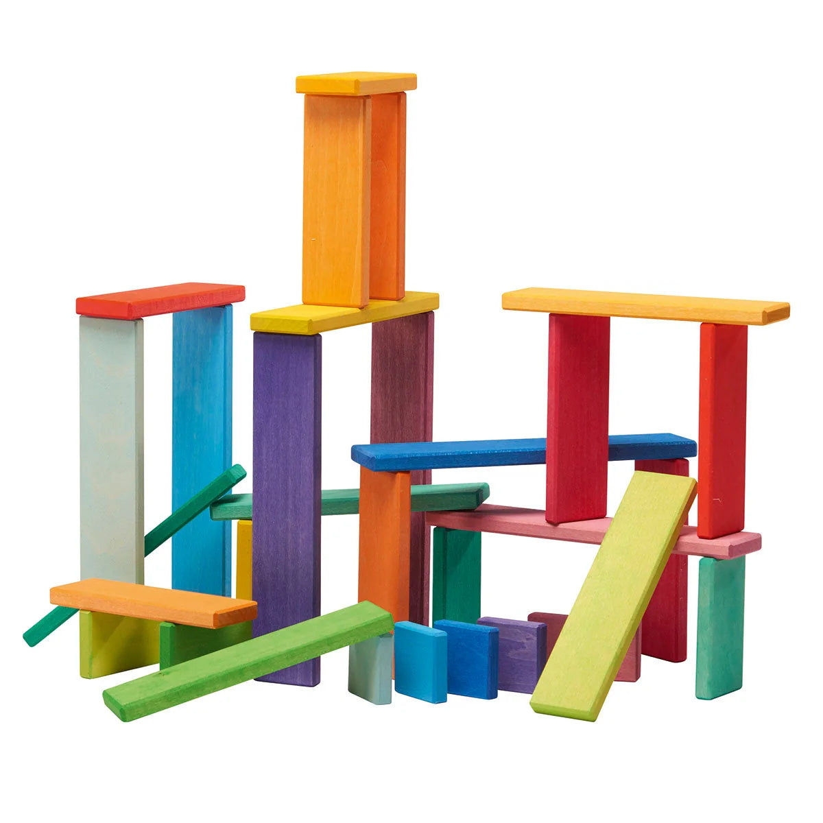 A set of colorful wooden building blocks arranged in a freestanding structure on a plain white background.