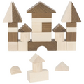 A collection of wooden blocks of varying shades of brown, arranged to form a simple house structure. The blocks are regular geometric shapes such as cubes and triangles.