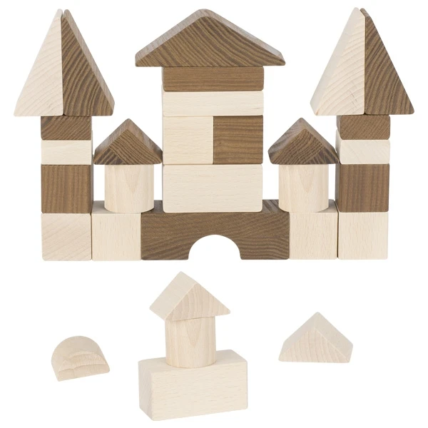 A collection of wooden blocks of varying shades of brown, arranged to form a simple house structure. The blocks are regular geometric shapes such as cubes and triangles.